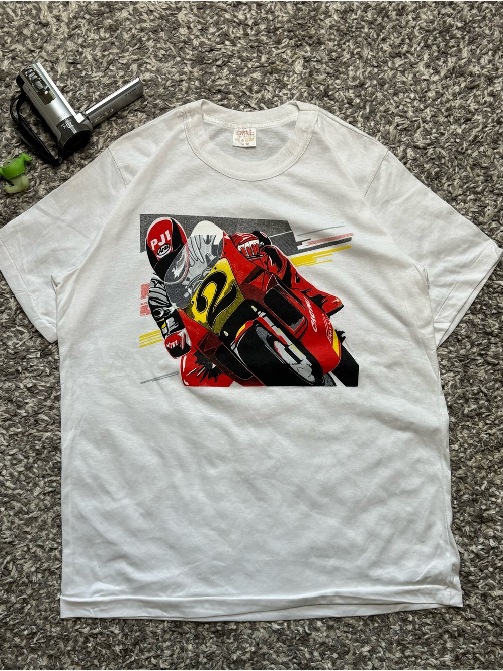 White Motorcycle Graphic Tee with Red Accent - Unbranded